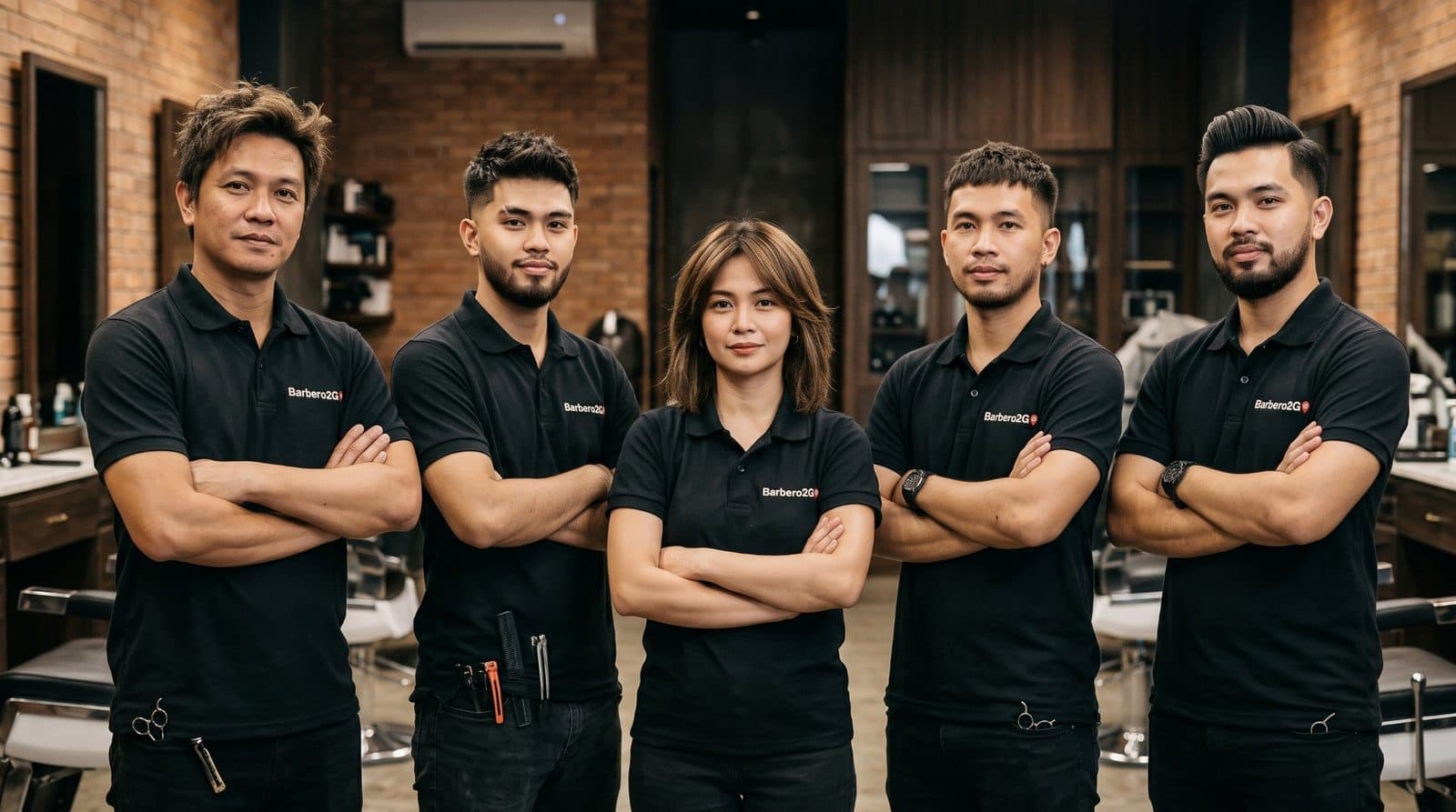 The Barbero2Go team: five barbers in black Barbero2Go polo shirts, arms crossed, inside a barbershop